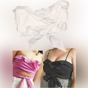 Anthropologie White Linen Blend Ruffle Bandeau Wrap Crop Top Spaghetti Strap L